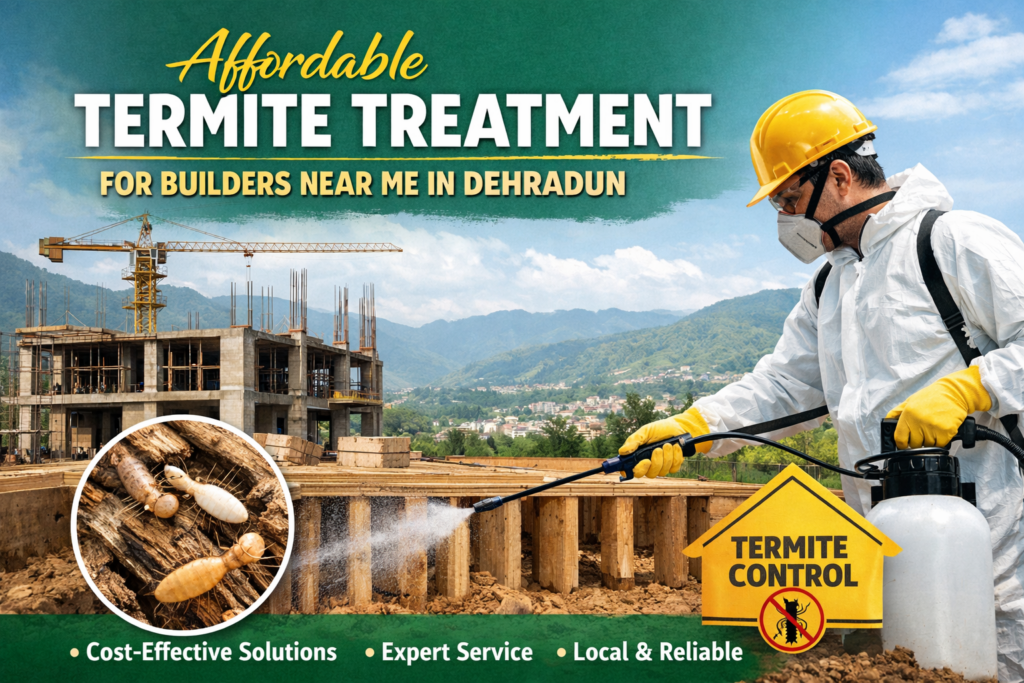 Affordable Termite Treatment for Builders Near Me in Dehradun showing professional pre-construction anti-termite spray at a construction site.