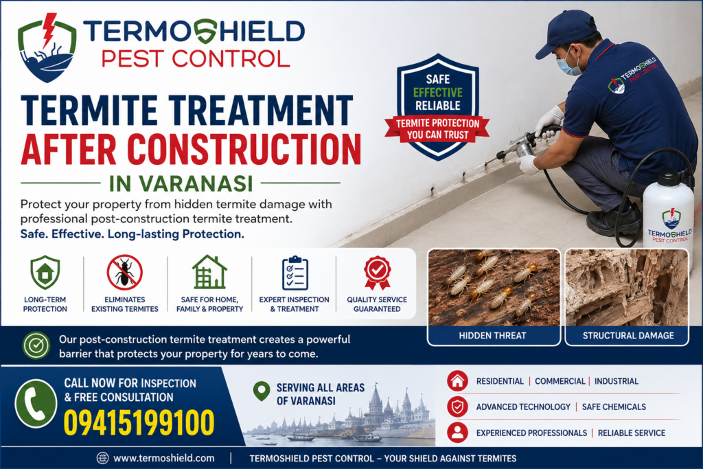 Termite Treatment After Construction in Varanasi: Why It Is Essential for Every Property Owner Termites are among the most destructive pests that can silently damage homes, offices, and commercial buildings. In a heritage-rich city like Varanasi, where both modern and traditional structures coexist, termite infestation can lead to significant structural damage if left untreated. This is why investing in professional Termite Treatment After Construction in Varanasi is one of the most important steps property owners can take to protect their investments. Unlike pre-construction treatment, post-construction termite treatment is specifically designed for existing buildings that have already been completed and occupied. It helps create a protective barrier around the structure and eliminates active termite colonies before they cause extensive damage. What Is Post-Construction Termite Treatment? Post-construction termite treatment refers to specialized anti-termite procedures performed after a building has been constructed. Since the foundation is already covered, pest control experts use advanced drilling, injection, and chemical barrier techniques to target termite activity around the structure. The treatment focuses on: Eliminating existing termite colonies Preventing future infestations Protecting wooden furniture and fixtures Securing foundations and walls Extending the lifespan of the property Professional Termite Treatment After Construction in Varanasi ensures comprehensive protection even in buildings that have been occupied for years. Common Signs of Termite Infestation Many property owners fail to identify termite activity until substantial damage has already occurred. Watch for these warning signs: 1. Hollow-Sounding Wood When termites consume wood from the inside, furniture and wooden structures may sound hollow when tapped. 2. Mud Tubes on Walls Subterranean termites create mud tunnels to travel safely between their colonies and food sources. 3. Damaged Wooden Furniture Cracked, blistered, or weakened furniture often indicates termite infestation. 4. Discarded Wings Flying termites shed their wings after finding a place to establish a colony. 5. Wall and Paint Damage Peeling paint and unexplained cracks may indicate hidden termite activity. If you notice any of these signs, immediate Termite Treatment After Construction in Varanasi is recommended. Why Termites Are a Major Concern in Varanasi Varanasi experiences climatic conditions that can support termite activity throughout much of the year. Moisture-rich environments, aging wooden structures, and densely populated residential areas create favorable conditions for termite colonies. Factors contributing to termite infestations include: High humidity levels Water leakage around buildings Wooden furniture and fixtures Poor ventilation Soil-to-wood contact These conditions make professional termite management a necessity rather than an option. Benefits of Professional Termite Treatment After Construction Long-Term Property Protection Professional termite treatment creates a durable protective barrier that helps prevent future infestations. Cost Savings Early termite control can save thousands of rupees in structural repair costs. Improved Property Value A termite-free property maintains its market value and attracts potential buyers or tenants. Safe and Effective Solutions Licensed pest control professionals use approved chemicals and modern application methods for maximum effectiveness. Peace of Mind Knowing your property is protected allows you to focus on other priorities without worrying about hidden termite damage. The Termoshield Termite Treatment Process At Termoshield Pest Control, every treatment begins with a thorough inspection of the property. Step 1: Detailed Site Inspection Experts assess: Infestation levels Entry points Structural vulnerabilities Moisture sources Step 2: Customized Treatment Plan Each property receives a treatment strategy tailored to its specific requirements. Step 3: Drilling and Injection Small holes are strategically drilled around affected areas to inject anti-termite chemicals deep into the soil and structure. Step 4: Chemical Barrier Creation A protective zone is established around the building to prevent termite entry. Step 5: Monitoring and Support Follow-up inspections help ensure long-term protection and treatment effectiveness. Residential Termite Treatment Services Homeowners often search for the Best Termite Treatment After Construction Near Me in Varanasi because termite infestations can damage: Wooden doors Window frames Modular kitchens Wardrobes Flooring Furniture Residential termite treatment helps preserve the integrity and appearance of your home. Commercial Termite Control Solutions Businesses cannot afford the financial losses caused by termite damage. Commercial properties that benefit from termite treatment include: Offices Hotels Restaurants Retail stores Warehouses Educational institutions Professional termite management helps protect valuable assets and maintain business continuity. Why Choose Termoshield Pest Control? Termoshield Pest Control has established itself as a trusted provider of termite management solutions through expertise, advanced treatment methods, and customer-focused service. Experienced Professionals The team possesses extensive experience handling residential and commercial termite infestations. Modern Technology Advanced equipment and proven treatment techniques ensure optimal results. Safe Chemicals Only approved and professionally applied termite control solutions are used. Customized Solutions Every property receives a tailored treatment plan based on its unique requirements. Customer Satisfaction Transparent service and reliable support help ensure long-term protection. Tips to Prevent Future Termite Infestations While professional treatment is essential, property owners can further reduce termite risks by following these preventive measures: Fix water leaks promptly. Keep wooden materials away from soil contact. Maintain proper ventilation. Schedule regular termite inspections. Reduce excess moisture around foundations. Store firewood away from buildings. Combining preventive practices with professional Termite Treatment After Construction in Varanasi provides the best defense against termite damage. Conclusion Termites can silently compromise the safety, value, and structural integrity of any property. Investing in professional Termite Treatment After Construction in Varanasi is a proactive step that protects your home or business from costly repairs and long-term damage. Whether you are dealing with an active infestation or looking for preventive protection, choosing experienced professionals can make a significant difference. If you are searching for the Best Termite Treatment After Construction Near Me in Varanasi, Termoshield Pest Control offers expert solutions designed to deliver reliable and lasting results. Contact Termoshield Pest Control Website: https://www.termoshield.com/ Phone: +91-8881288810 +91-8445928000 Protect your property today with professional termite treatment solutions from Termoshield Pest Control.