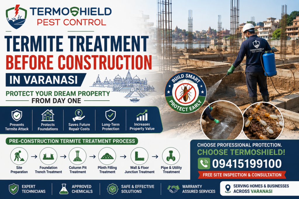 Termite Treatment Before Construction in Varanasi: A Smart Investment for Long-Term Protection Building a new home, commercial complex, office, or residential project is one of the biggest investments you will ever make. While most property owners focus on design, materials, and structural quality, many overlook a critical aspect that can affect the lifespan of their building—termite protection. Choosing Termite Treatment Before Construction in Varanasi is one of the most effective ways to safeguard your property from termite infestations that can silently damage foundations, wooden structures, flooring, and walls. Experts recommend creating a protective chemical barrier beneath and around the structure before construction begins, making it significantly more effective than post-construction treatments. In this guide, we will explain everything you need to know about pre-construction termite treatment and why it is essential for properties in Varanasi. Why Is Pre-Construction Termite Treatment Important? Termites live naturally in soil and can enter buildings through foundation cracks, plumbing lines, expansion joints, and wall-floor intersections. Since these entry points become inaccessible after construction, preventive treatment during the construction phase is considered the most effective protection method. Key Benefits Prevents termite attacks before they begin Protects foundations and structural elements Reduces future repair expenses Increases property value Provides long-term peace of mind More economical than post-construction treatments Pre-construction treatment allows technicians to access every section of the foundation area and create a continuous protective barrier before concrete is poured. Understanding Termite Risks in Varanasi Varanasi experiences warm temperatures and seasonal humidity, creating favorable conditions for subterranean termites. These termites live underground and often remain undetected for years while causing significant damage. Common termite-prone locations include: Residential homes Villas and apartments Educational institutions Warehouses Hotels and restaurants Commercial buildings Religious and heritage structures Because termites originate from soil, preventive soil treatment before construction becomes essential for long-term protection. What Is Termite Treatment Before Construction? Termite treatment before construction, also known as pre-construction anti-termite treatment, involves treating the soil with approved termiticides before and during different construction stages. The objective is to create an uninterrupted chemical barrier between the building structure and termite colonies present in the soil. Process of Pre-Construction Termite Treatment 1. Site Preparation The treatment begins by removing: Tree roots Wooden debris Timber scraps Organic waste Existing termite nests This ensures proper penetration of the treatment solution into the soil. 2. Foundation Trench Treatment After excavation, the bottom and sides of foundation trenches are treated with termiticides before concrete placement. This creates the first protective barrier against termite entry. 3. Column Pit Treatment Areas around column pits receive specialized treatment to prevent termites from entering through foundation support systems. 4. Plinth Filling Treatment The soil used for plinth filling is treated in layers before compaction. This helps create continuous protection beneath the floor structure. 5. Wall and Floor Junction Treatment Special attention is given to wall-floor joints because termites often exploit these hidden pathways. 6. Pipe and Utility Entry Points Chemical treatment is applied around: Water pipes Drainage systems Electrical conduits Utility lines These areas are common termite entry points. Signs That Builders Should Never Ignore Even during early construction stages, warning signs may indicate termite activity: Mud tubes in soil Hollow wooden pieces on site Presence of termite colonies Damaged tree roots Swarming termites near excavation areas Professional inspection before foundation work can identify these risks early. Why Homeowners Search for the Best Termite Treatment Before Construction Near Me in Varanasi When property owners search for the Best Termite Treatment Before Construction Near Me in Varanasi, they are looking for long-term protection rather than temporary solutions. A professional termite treatment provider should offer: Site inspection by trained experts Quality-approved chemicals Proper soil treatment methods Experienced technicians Safety compliance Warranty-backed services Detailed treatment documentation Choosing a reliable provider ensures that the chemical barrier remains effective for years. Why Pre-Construction Treatment Is Better Than Post-Construction Treatment Feature Pre-Construction Treatment Post-Construction Treatment Cost Lower Higher Coverage Complete soil coverage Limited access Effectiveness Very High Moderate Structural Disturbance None Drilling required Long-Term Protection Excellent Variable Experts generally recommend preventive treatment because it addresses termite threats before the structure is completed. How Often Is Treatment Required? A properly executed pre-construction termite treatment can provide protection for several years. However, periodic inspections are recommended to ensure ongoing effectiveness, especially in termite-prone regions. Why Choose Termoshield Pest Control? When it comes to Termite Treatment Before Construction in Varanasi, Termoshield Pest Control focuses on scientific treatment methods, professional application techniques, and long-term property protection. What Makes Termoshield Different? Experienced termite control specialists Advanced anti-termite solutions Safe and approved chemicals Residential and commercial expertise Affordable pricing Customer-focused service Comprehensive site inspections Whether you are constructing a new house, apartment, office, or commercial facility, preventive termite treatment can save significant repair costs in the future. Final Thoughts Termites are often called "silent destroyers" because they can cause extensive damage before becoming visible. Investing in Termite Treatment Before Construction in Varanasi is one of the smartest decisions you can make during the building process. By creating a protective barrier beneath and around the structure before construction begins, property owners can significantly reduce the risk of termite infestation and protect their investment for years to come. Professional pre-construction treatment remains the most reliable and cost-effective strategy for termite prevention. If you are planning a new construction project and searching for the Best Termite Treatment Before Construction Near Me in Varanasi, consult experienced professionals like Termoshield Pest Control to ensure your property receives comprehensive termite protection from the ground up. Contact Termoshield Pest Control Website: https://www.termoshield.com/ Protect your dream property before construction begins—because termite prevention is always easier and more affordable than termite repair.